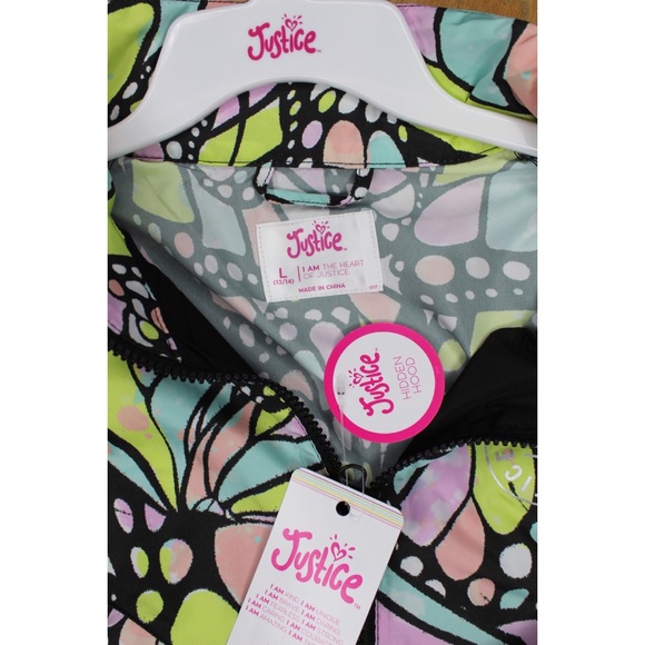 Justice NWT Butterfly Print Hooded Zipped Hooded Windbreaker Jacket Large /10-12 - Picture 13 of 13